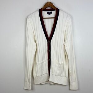 Brooks Brothers Cardigan Mens Large White Red Blue Cotton Cable Knit Sweater